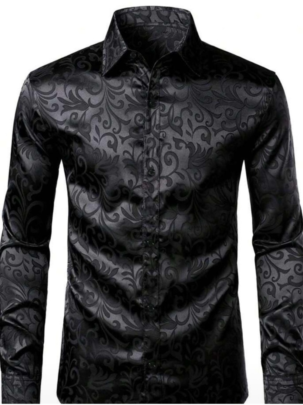 Men's Black Floral Jacquard Dress Shirt - Satin Finish